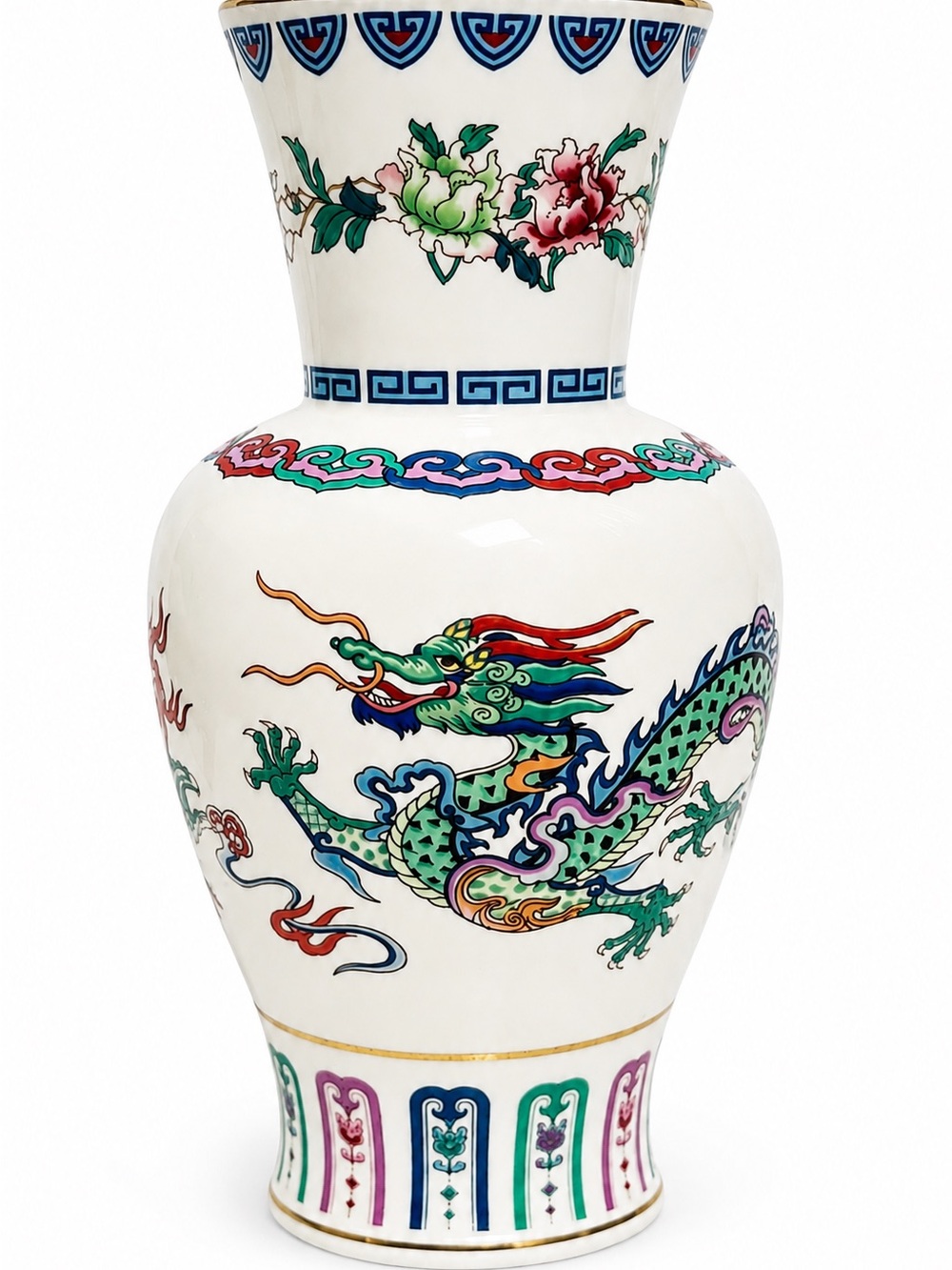 Franklin Mint White Porcelain Dragon Vase with Green, Red, Blue and Gold Accents